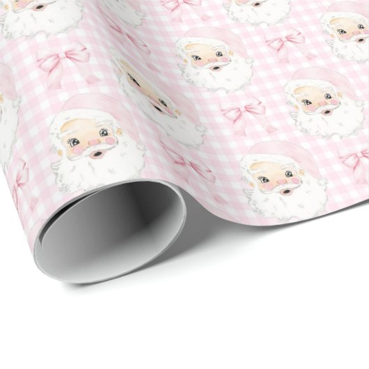 Roze Santa op Gingham Wrapping Paper Cadeaupapier (Rol Hoek)