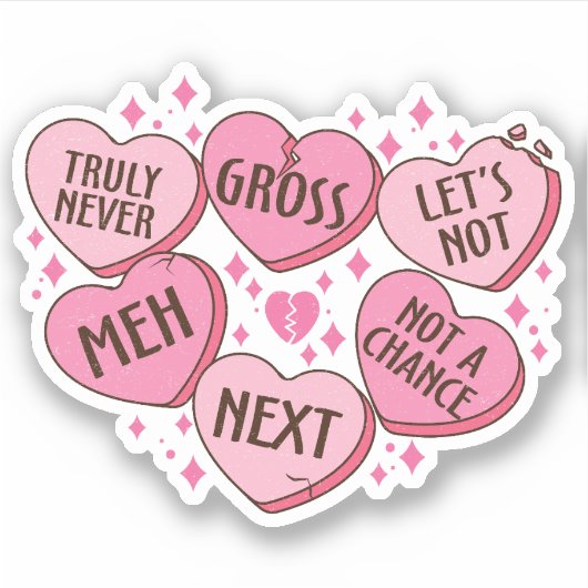 Roze Sarcastisch Anti-Valentijn Snoep Harten Vinyl Sticker (Voorkant)