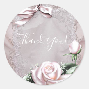 Roze Satijnen Strik en Roos Romantisch Trouwcadeau Ronde Sticker