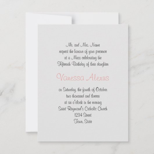 Roze satin en goud, uitnodiging van Quinceanera (Achterkant)