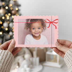 Roze Scallop Foto Kerstmis met Rode Strik Feestdagenkaart