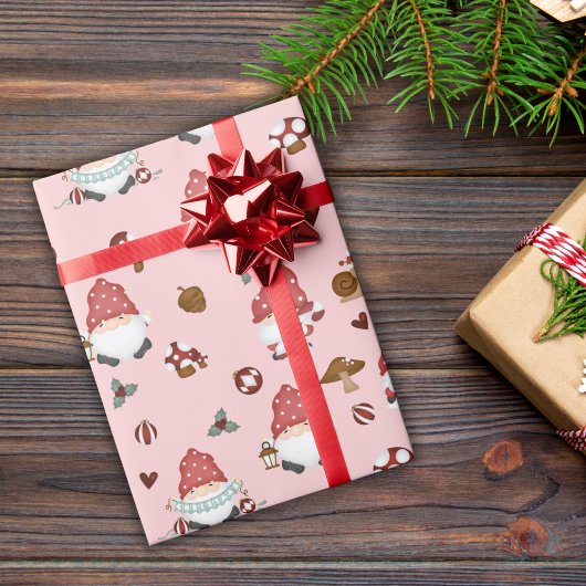 Roze Scandi-kerstgnomen Cadeaupapier