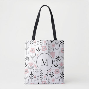 Roze Scandinavisch Bloempatroon Monogram Draagtas