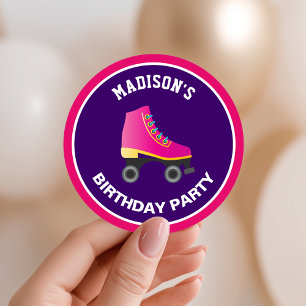 Roze Schaats Roller Skating Birthday Party Favor Ronde Sticker