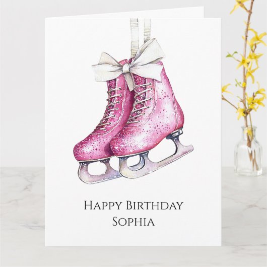 Roze Schaatsen Verjaardag Kaart (Gele Bloem)