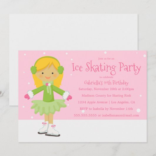 Roze schaatsen | Verjaardagsfeestje uitnodigen Kaart (Voorkant / Achterkant)