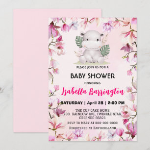 Roze Schattige baby hippo bloembloem baby shower k Kaart