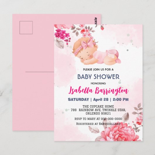 Roze Schattige Baby Meisje Roos bloemen baby showe Briefkaart (Voorkant / Achterkant)