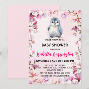 Roze Schattige baby pinguïn bloemetjes baby shower Kaart
