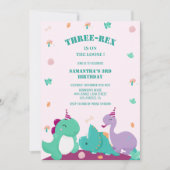 Roze Schattige drie-rex 3e dinosaurus verjaardag Kaart (Voorkant)