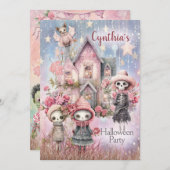 Roze Schattige Halloween Feestuitnodiging Kaart (Voorkant / Achterkant)