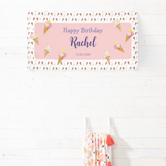 Roze Schattige Ice Cream Cone Kinder Meisje Verjaa Spandoek (Insitu)