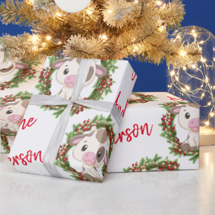 Roze Schattige Koe Kerstkrans gepersonaliseerde na Cadeaupapier