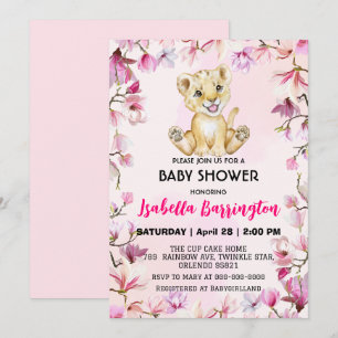 Roze Schattige Leeuw welp wilde bloemen baby showe Kaart