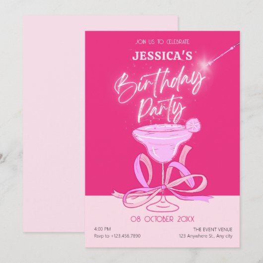 Roze schattige sparkle bow cocktail verjaardagsfee kaart (Voorkant / Achterkant)