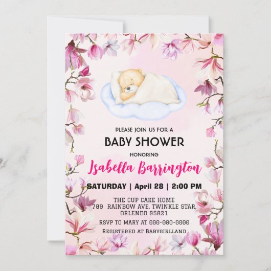 Roze Schattige teddybeer welp bloemen baby shower  Kaart (Voorkant)