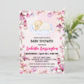 Roze Schattige teddybeer welp bloemen baby shower  Kaart (Staand voorkant)