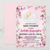 Roze Schattige teddybeer welp bloemen baby shower  Kaart (Voorkant / Achterkant)