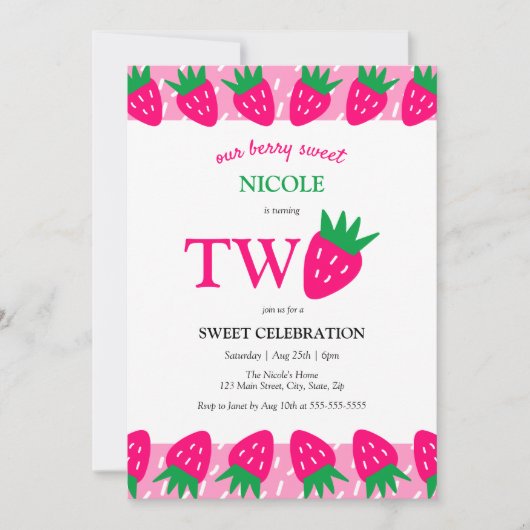 Roze Schattigee Aardbei Berry Sweet 2e Verjaardag Kaart (Voorkant)
