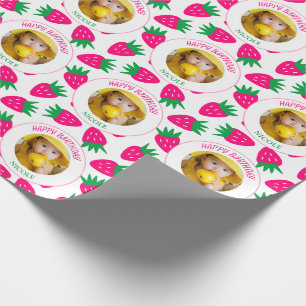 Roze Schattigee Aardbei Meisje Foto Verjaardag Cadeaupapier