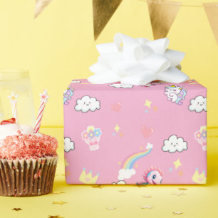 Roze Schattigee Eenhoorn dinosaurussen regenboog V Cadeaupapier
