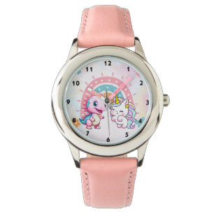 Roze Schattigee Eenhoorn dinosaurussen regenboog V Horloge
