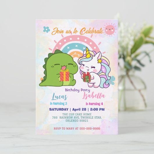 Roze Schattigee Eenhoorn dinosaurussen regenboog V Kaart (Staand voorkant)