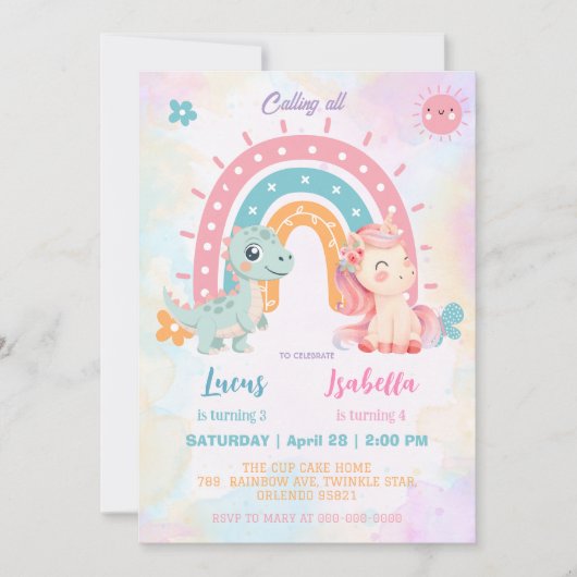 Roze Schattigee Eenhoorn dinosaurussen regenboog V Kaart (Voorkant)