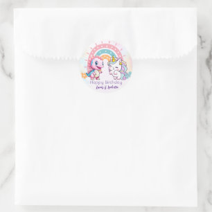 Roze Schattigee Eenhoorn dinosaurussen regenboog V Ronde Sticker