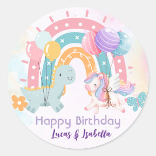 Roze Schattigee Eenhoorn dinosaurussen regenboog V Ronde Sticker