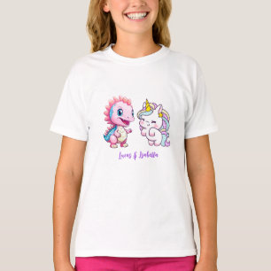 Roze Schattigee Eenhoorn dinosaurussen regenboog V T-shirt