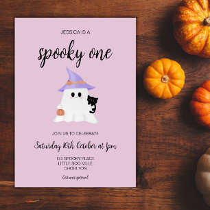 Roze Schattigee Halloween Ghost 1st Birthday Girl Kaart