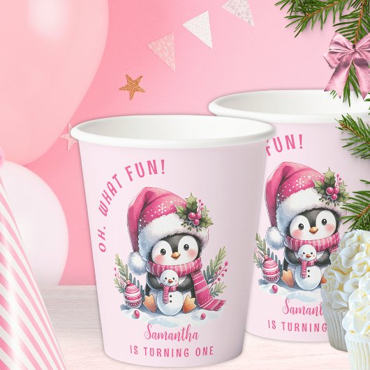 Roze Schattigee Pinguïn Kerstmeisje 1e Verjaardag Papieren Bekers