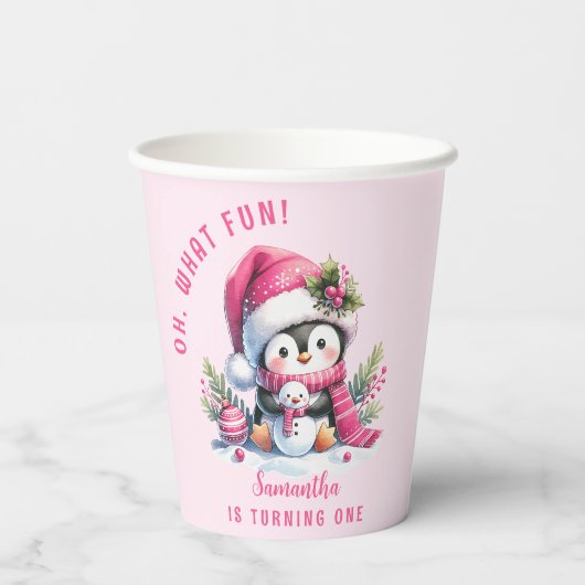 Roze Schattigee Pinguïn Kerstmeisje 1e Verjaardag Papieren Bekers (Achterkant)