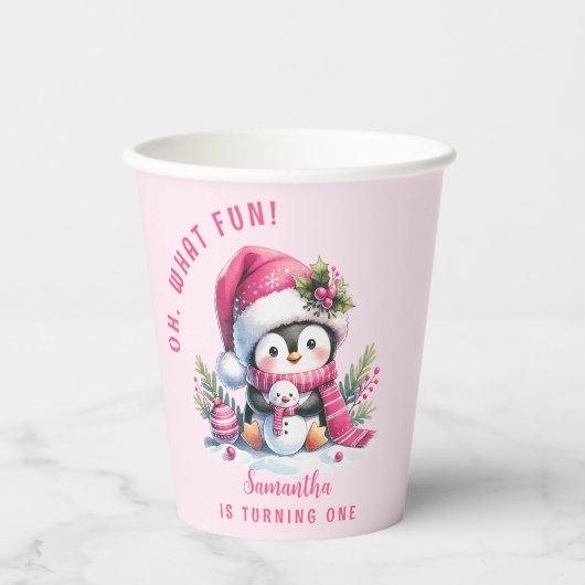 Roze Schattigee Pinguïn Kerstmeisje 1e Verjaardag Papieren Bekers (Voorkant)