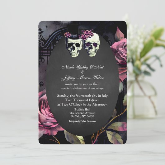 Roze schedel Bloem Bruid & bruidegom bruiloft uitn Kaart (Staand voorkant)