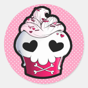 Roze schedel cupcake ronde sticker