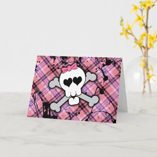 Roze Schedel en Gekruiste knekels met Harten en Kaart (Gele Bloem)