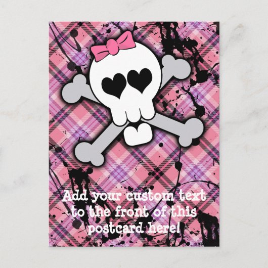 Roze schedel en kruisbeenderen met hart en met pot briefkaart (Voorkant)