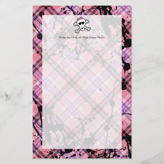 Roze schedel en kruisbeenderen met hart en met pot briefpapier (Voorkant)