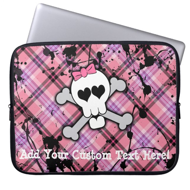 Roze schedel en kruisbeenderen met hart en met pot laptop sleeve (Voorkant)