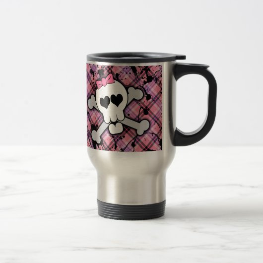 Roze schedel en kruisbeenderen met hart en met pot reisbeker (Rechts)