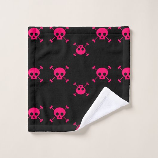 Roze schedel en kruisbeenderen op zwart washandje (Wasdoekje)