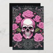 Roze schedel en Rozen Gotische Elegantie Bruiloft Kaart (Voorkant / Achterkant)