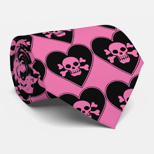 Roze schedel in het hart stropdas (Opgerold)