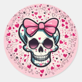 Roze schedel met strik ronde sticker