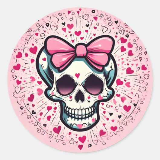 Roze schedel met strik ronde sticker (Voorkant)