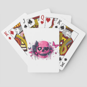 Roze schedel met vlinders en harten pokerkaarten