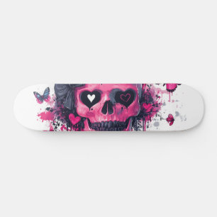 Roze schedel met vlinders en harten skateboard