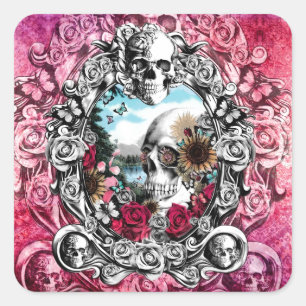 Roze schedel vierkante sticker